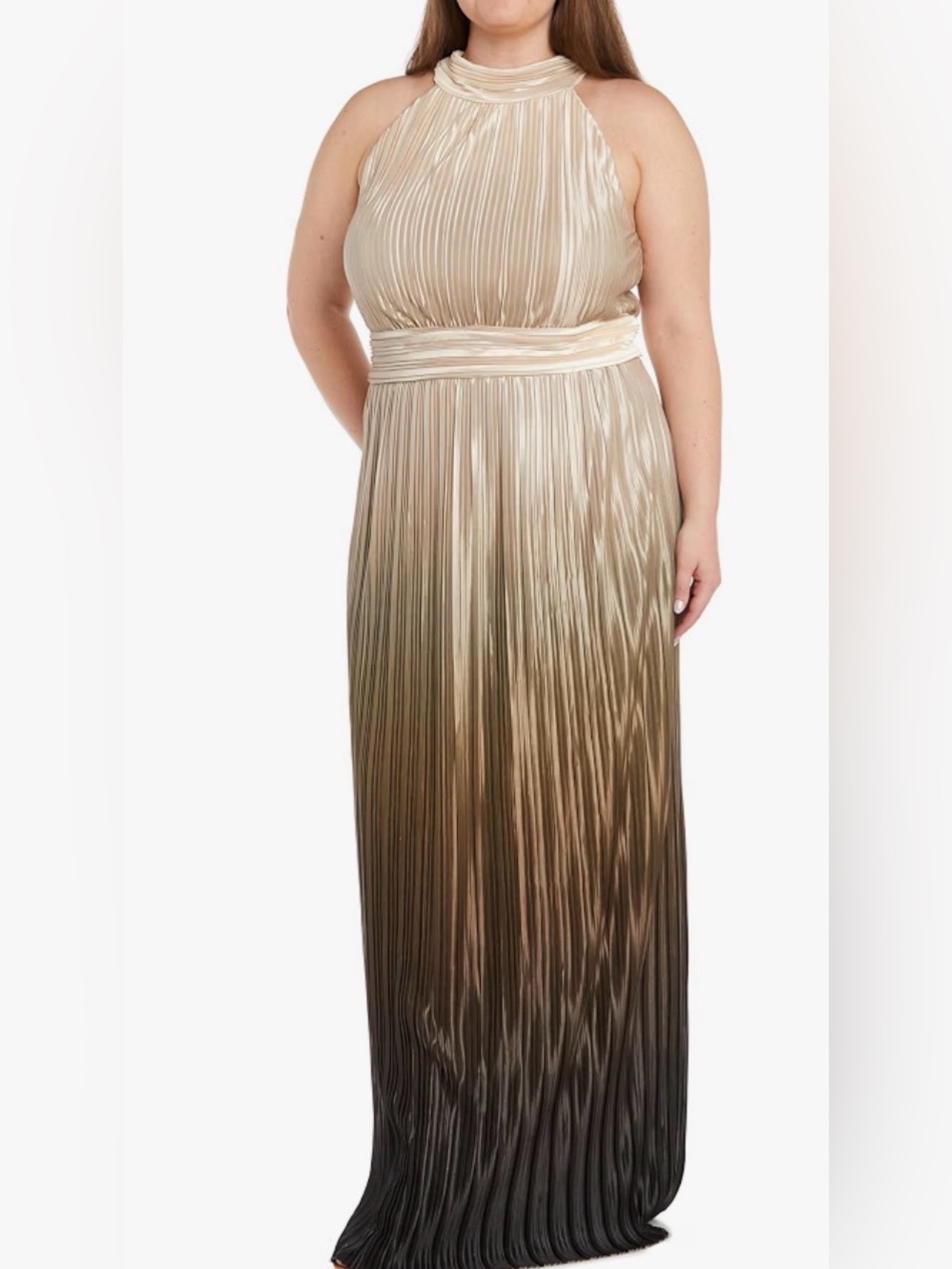 R&M Richards Pleated Ombre Halter Maxi Dress - Champagne to Black
